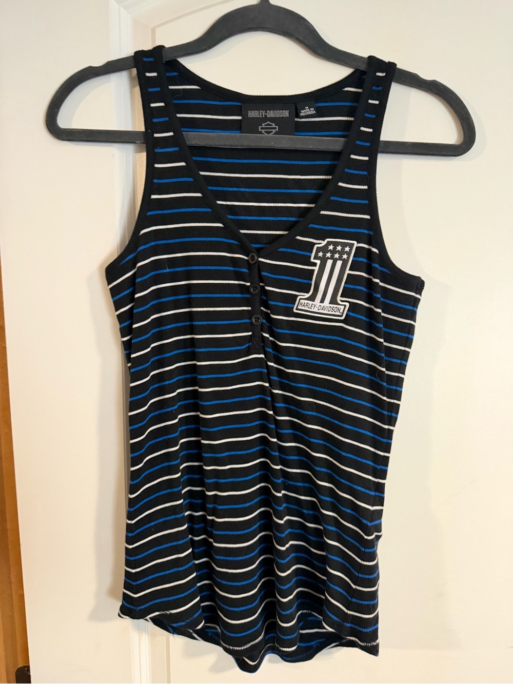 Harley-Davidson Black, Blue & White Striped V-Neck Tank